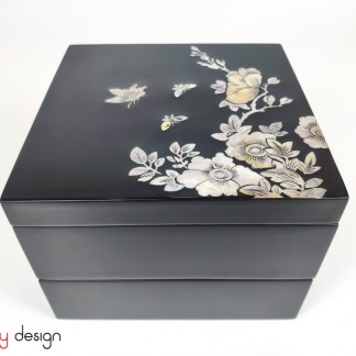 2 tier square box with mother of pearl flowers and butterflies 18cm 